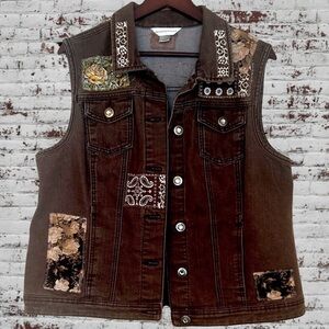 Upcycled vintage doily patched brown denim boho vest